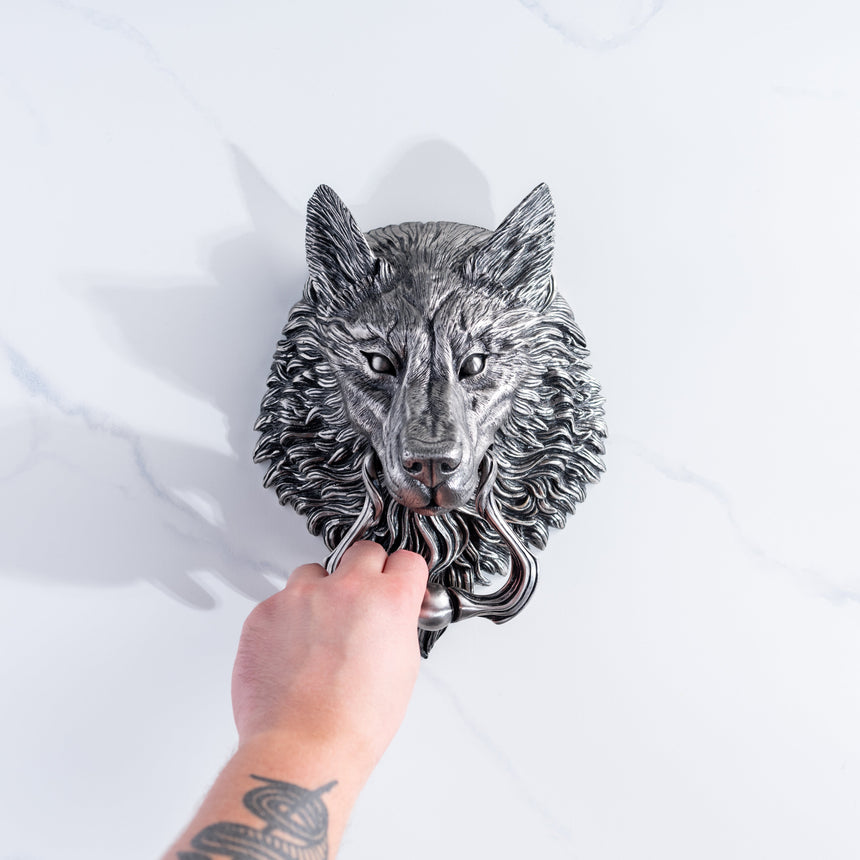Karl Sanders - Nickel-Plated Bronze Wolf Door Knocker (Large) Door Knocker Day in the Life Gallery