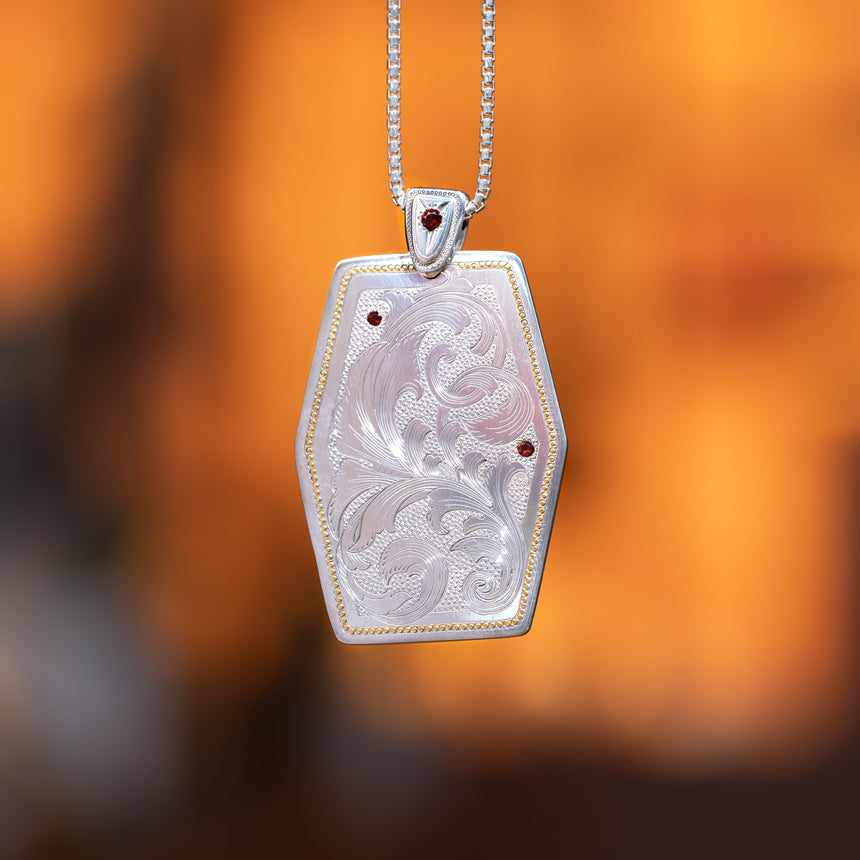 Tyler Sofie - Scrollwork and Garnet Pendant Silver Pendant Necklace Day in the Life Gallery